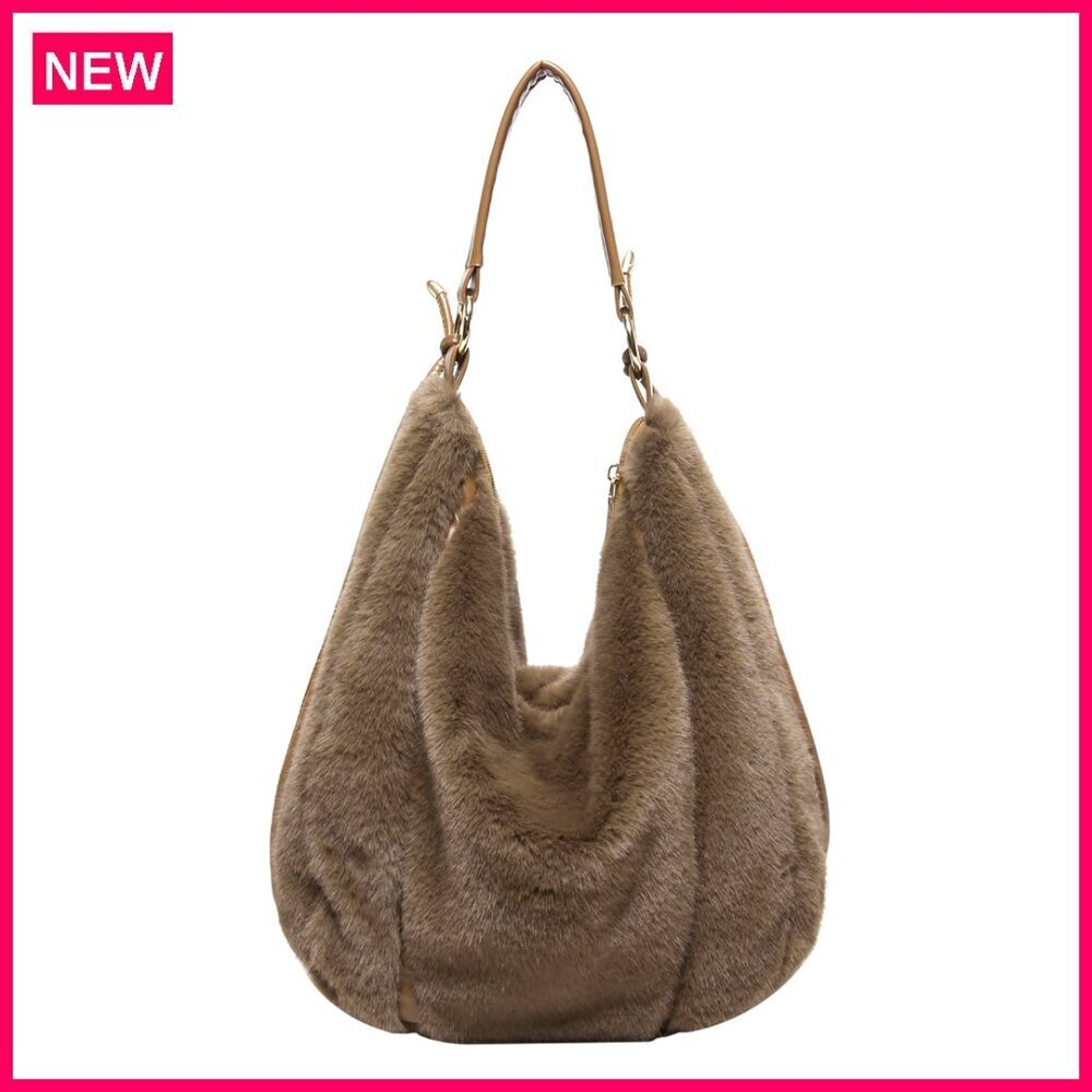 Large Faux Fur Tote Bag with Adjustable Strap, Winter Fashion Handbag
